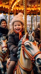 A little girl riding a merry go round horse