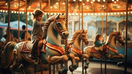 Fototapeta na wymiar A kid riding a horse on a carousel