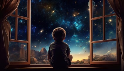 A child looking out a window at the stars