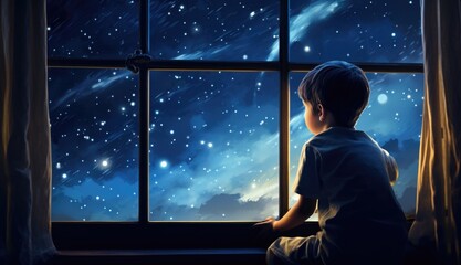 A young boy looking out a window at the stars - obrazy, fototapety, plakaty
