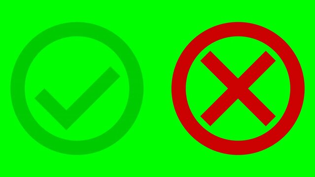 Animation of appearance and disappearance of a green check mark and a red cross in a circle on a green background, a white background, a black background and alpha channel in flat design style