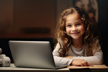 A schoolgirl sits at home with her laptop computer. Girl smiling, online education, learning and courses for children concept.
