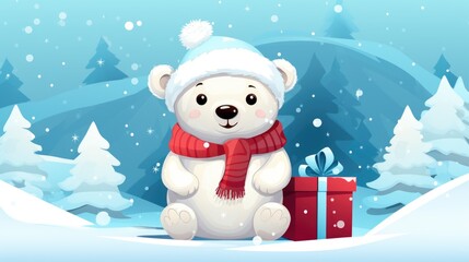 A white bear wearing a red scarf and a white hat