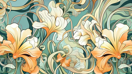 Background with decorative flowers art nouveau style, vintage old art nouveau style wallpaper idea - obrazy, fototapety, plakaty
