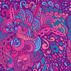 vector seamless pattern, bright colors. magic wavy, Violet, pink, blue. Psychedelic art, 60s, hippie, trippy dreams design in doodle style with cute abstract leaves, plants and wave , non-direction,