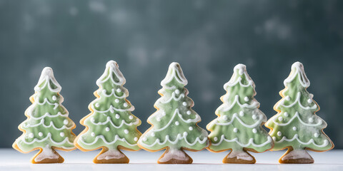 Cute beautiful Christmas wallpaper with winter cookies in form of Christmas fir tree, iced, glazed, sweet dessert.

