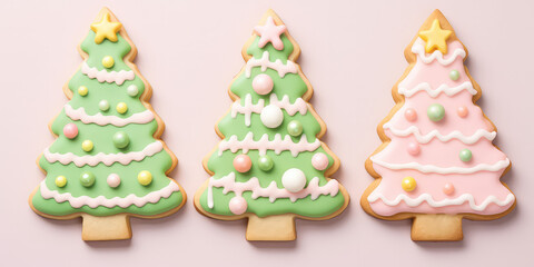 Cute beautiful Christmas wallpaper with winter cookies in form of Christmas fir tree, iced, glazed, cozy dessert.
