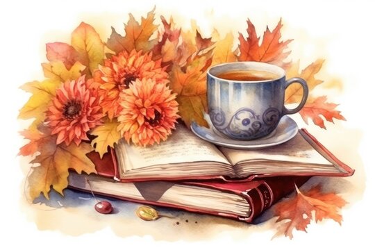 Coffee cup, books and autumn flowers. Watercolor illustration. Generative AI