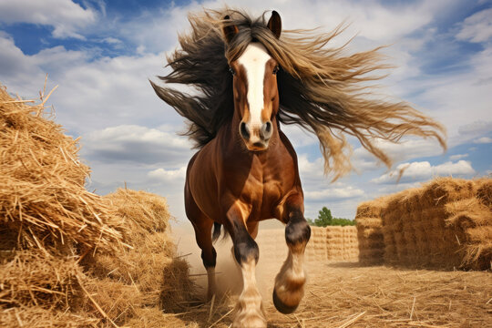 Funny galloping horse among haystacks with a long mane