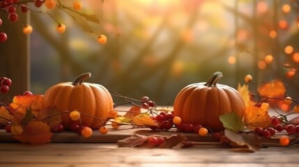 Autumn banner with pumpkins, berries and leaves. Generative AI