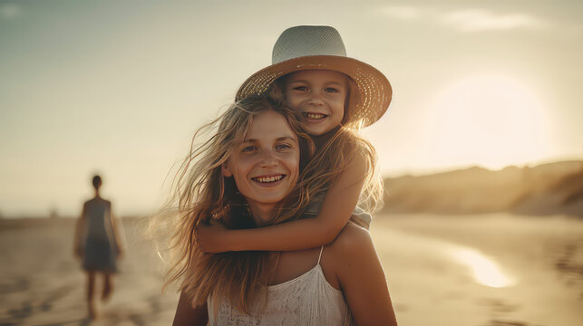 Happy mother giving daughter piggyback ride at sandy summer beach. Happy family day on the seashore. Summer fun.
