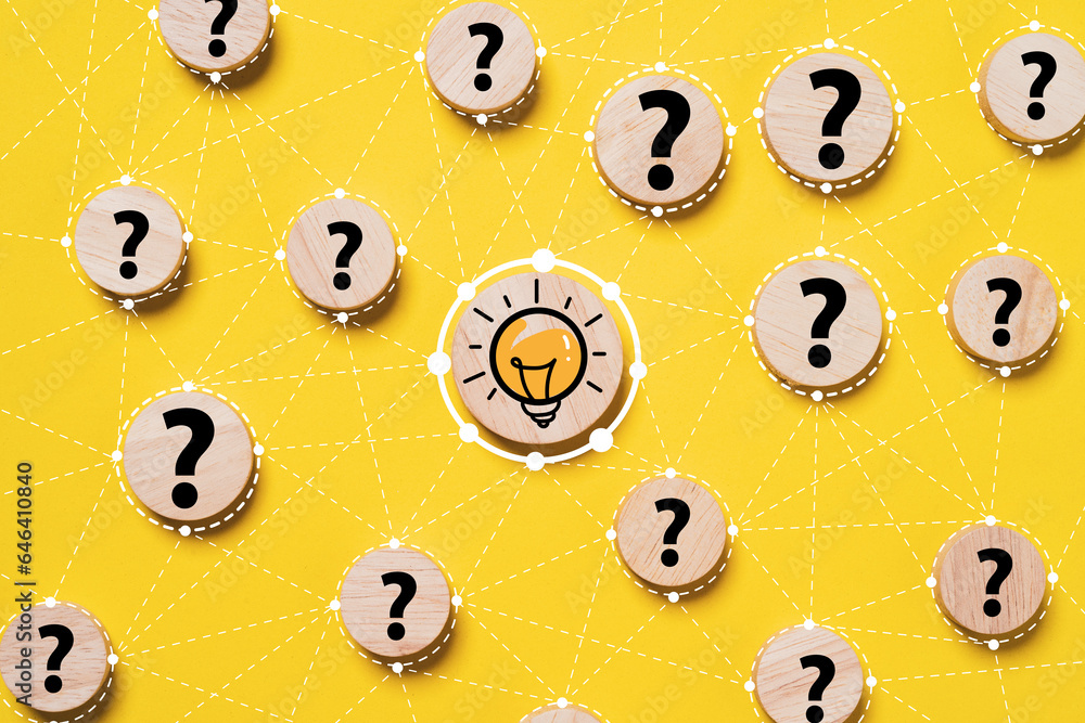 Poster glowing lightbulb connection linkage with question mark on round wooden for creative thinking idea i