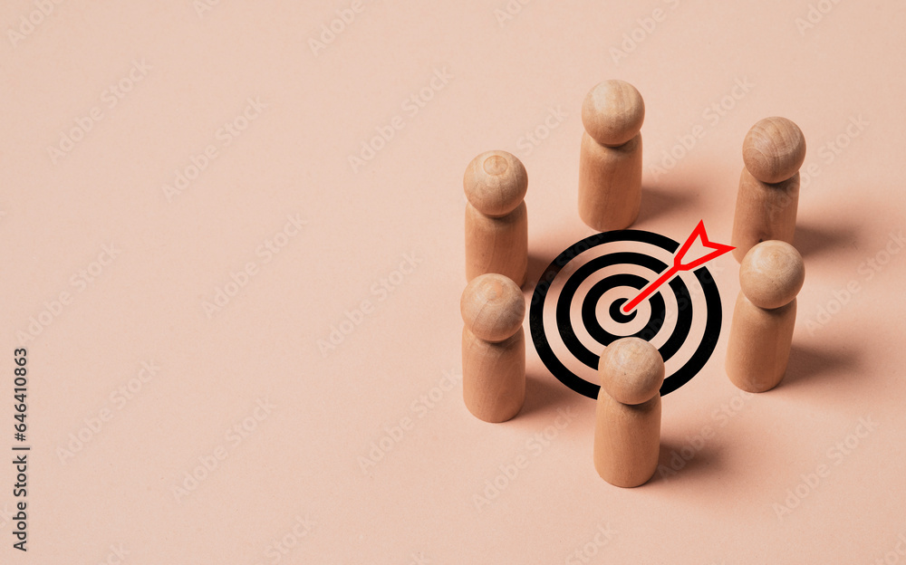 Poster wooden miniature figure team encompass to dartboard with arrow for setup business objective target a