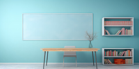 Light blue classroom, empty teacher's table front view, minimal school table template.
