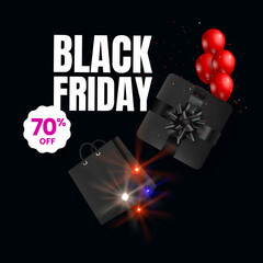 Black friday sale banner template with shopping bag and gifts balloons design.