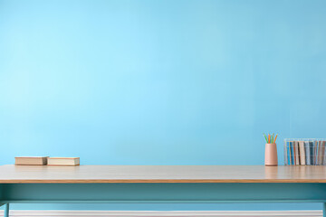 Light blue classroom, empty teacher's table front view, minimal school table template.
