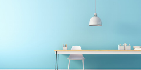 Light blue classroom, empty teacher's table front view, minimal school table template.
