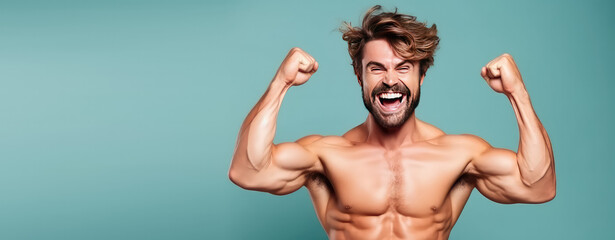 Obraz premium Cheerful young athlete with strong body, happy emotion portrait, fitness center banner template. 