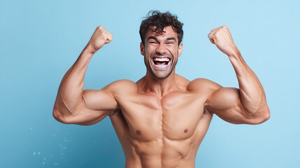 Fototapeta premium Cheerful young athlete with strong body, happy emotion portrait, fitness center banner template. 