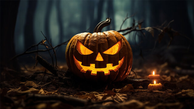 A spooky carved halloween pumpkin in a foggy forest. Scary Halloween night. Jack O Lantern with burning eyes and a devilish smile. Burning candle next to him. The moonlight pierces the fog