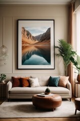 White sofa and black coffee table against white wall with art poster. Scandinavian boho home interior design of modern living room generative AI