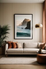 White sofa and black coffee table against white wall with art poster. Scandinavian boho home interior design of modern living room generative AI
