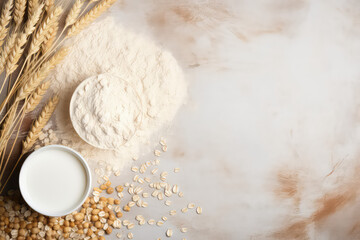 Top view of Oat milk, flour, dry flakes and whole grains, rustic banner template with copy space.
