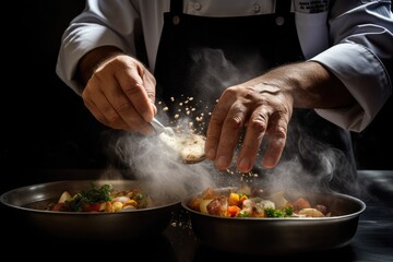 Chef hands cooking food and adding seasoning in a freeze motion. Fresh salad or meal with steam effects. banner, menu recipe, dark background
