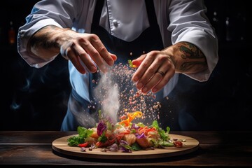 Chef hands cooking food and adding seasoning in a freeze motion. Fresh salad or meal with steam effects. banner, menu recipe, dark background