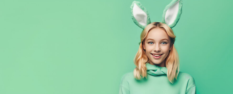 Young smiling woman with funny bunny ears isolated on pastel green background with copy space. Happy easter banner template.