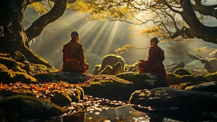 Buddha religion concept: two monks in meditation beneath the sun's rays..