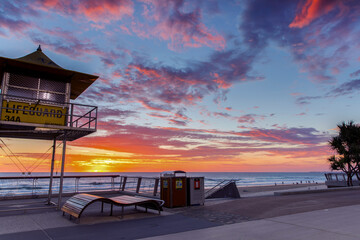 Colourful cloudy sunrise skies from the beach at Surfers Paradise. Gold Coast Australia. 
