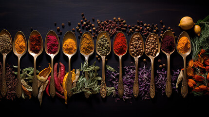 Spoons with a variety of spices and herbs are laid out on a dark setting.