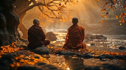 Buddha religion concept: two monks in meditation beneath the sun's rays..