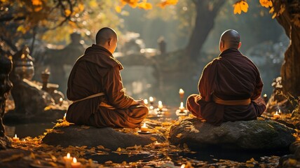 Buddha religion concept: two monks in meditation beneath the sun's rays..