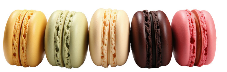 A row of French macaroons isolated on a transparent background