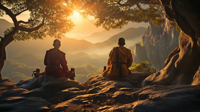 Buddha religion concept: two monks in meditation beneath the sun's rays..