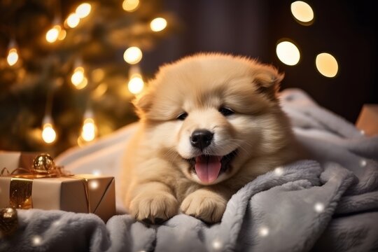 Photo of a cute dog relaxing next to a festive Christmas tree created with Generative AI technology