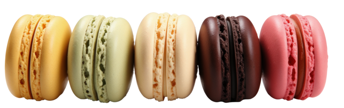 A row of French macaroons isolated on a transparent background