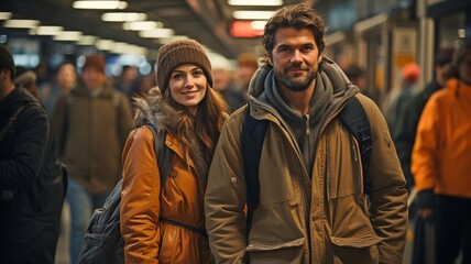 Travellers of different ethnicities are walking and locating the train at the train station..