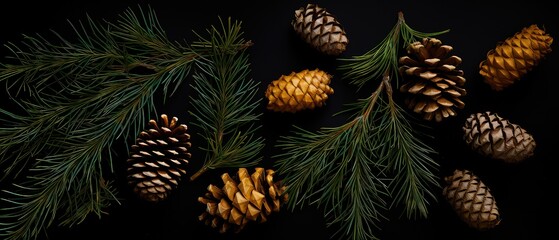 Christmas Mockup banner with fir, conifer branches, cones, decorations on black textured background. Top view. Flat lay. New Year Holidays background. Generative ai