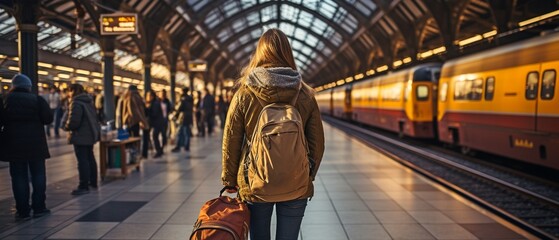 Travellers of different ethnicities are walking and locating the train at the train station..