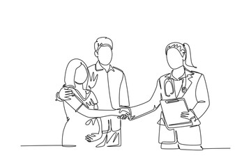 Continuous one line drawing obstetrician and gynecologist doctor handshake and congratulate a happy young couple about pregnancy. Medical check up. Single line draw design vector graphic illustration