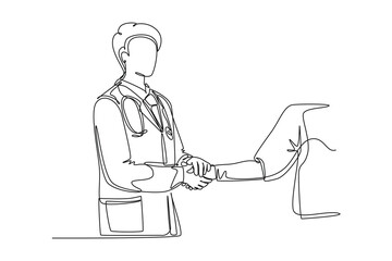 Single continuous line drawing young doctor shaking hand the patient in hospital asking update condition. Healthcare medical check up concept. Dynamic one line draw graphic design vector illustration