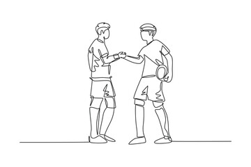 Single one line drawing two football player bring ball and handshaking to show sportsmanship before starting the match. Respect in soccer sport. Continuous line draw design graphic vector illustration