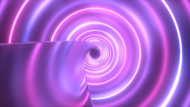 Inside Futuristic Neon Ultraviolet Ring Tunnel Twisty Reflection Road - 4K Seamless VJ Loop Motion Background Animation