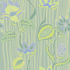 vector seamless pattern, green blue, lavender flora, retro vintage inspired provencal rustic, striped placemats, Elegance design. French country setting,