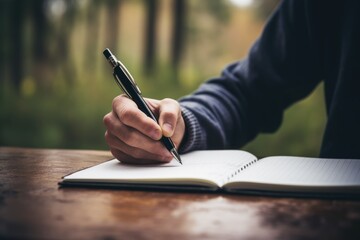 writer's hand holding a pen and writing in notebook on wooden table with blurred background