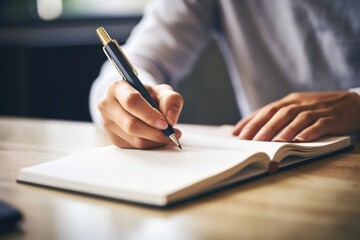 writer's hand holding a pen and writing in notebook on wooden table with blurred background