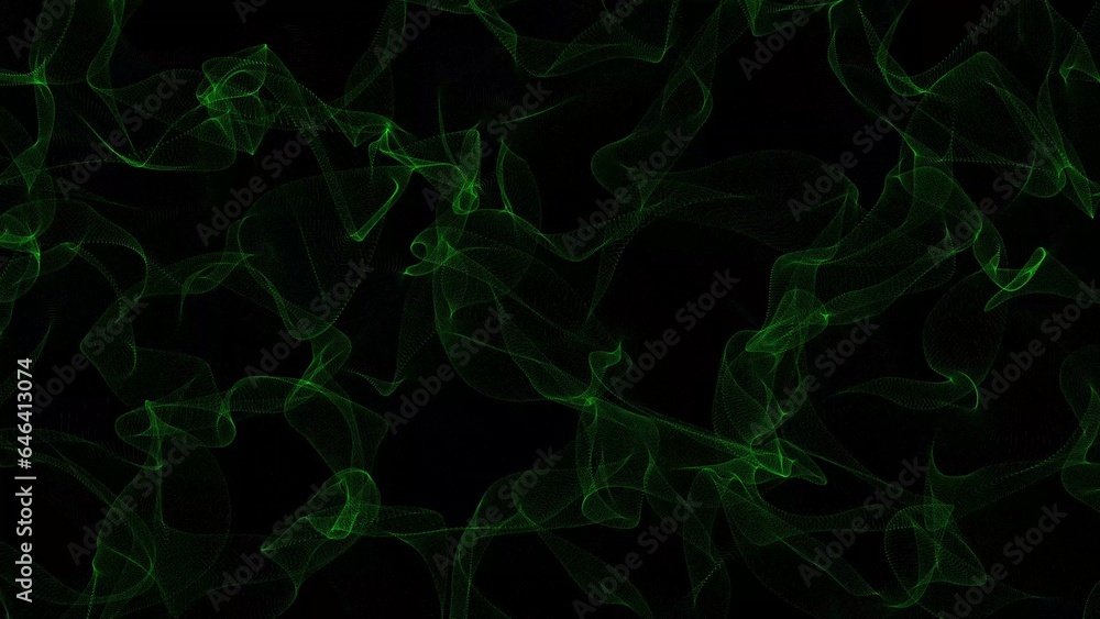 Poster green fractal waves on a black background. beautiful abstract wave technology digital network backgr